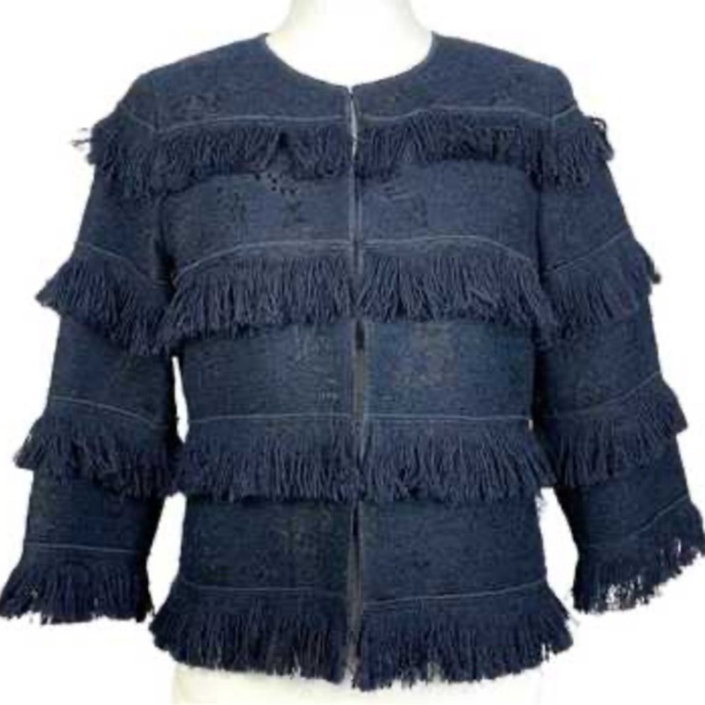 Worth Tweed Navy Fringe Jacket Blazer Size 2